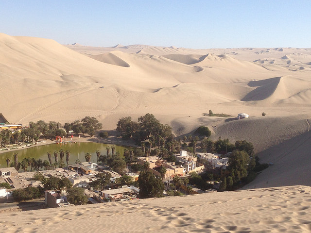 Huacachina desert oasis: A natural oasis that has become a tourist attraction; however, due to water shortages, they not are pumping water into the lake.